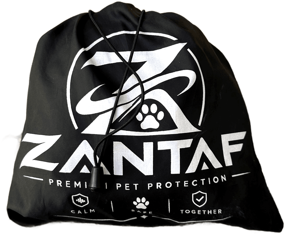 Zantaf drawstring carry pouch printed with the Zantaf emblem and Premium Pet Protection